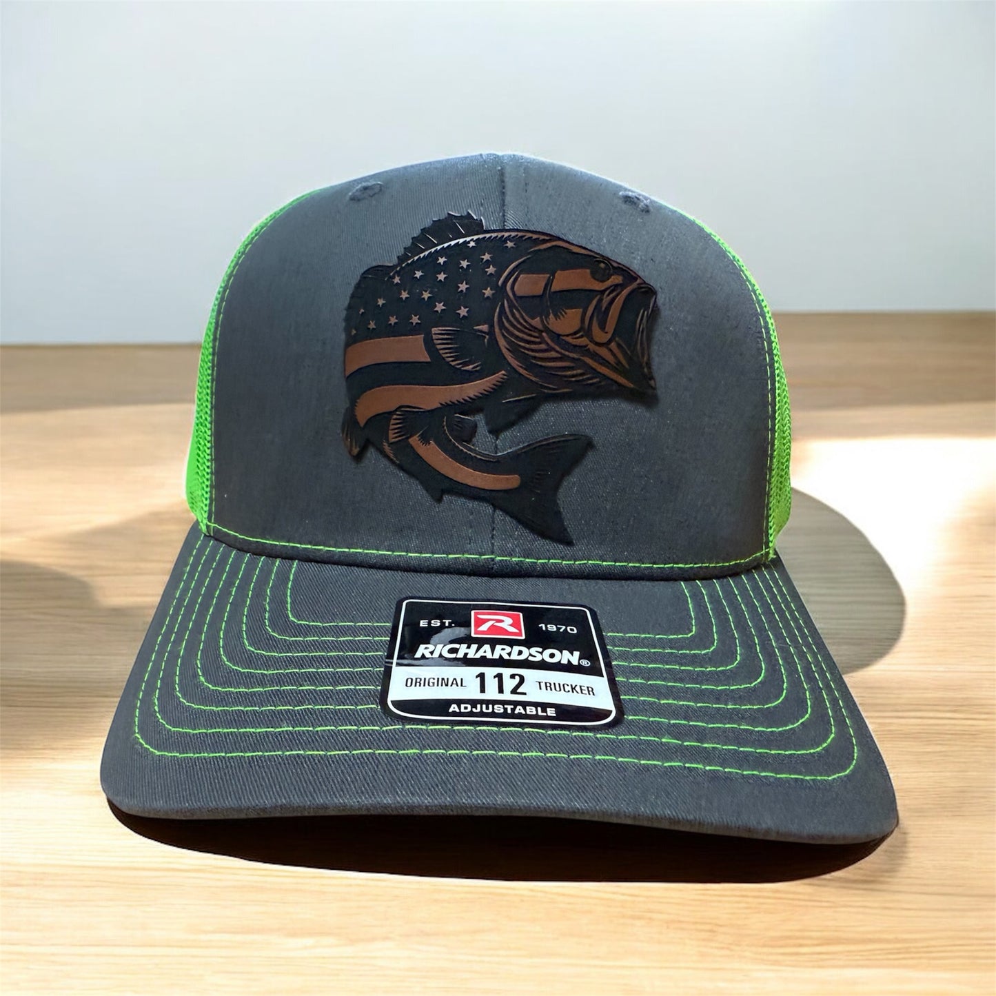 American Flag Embossed Bass Leatherette Patch Trucker Hat