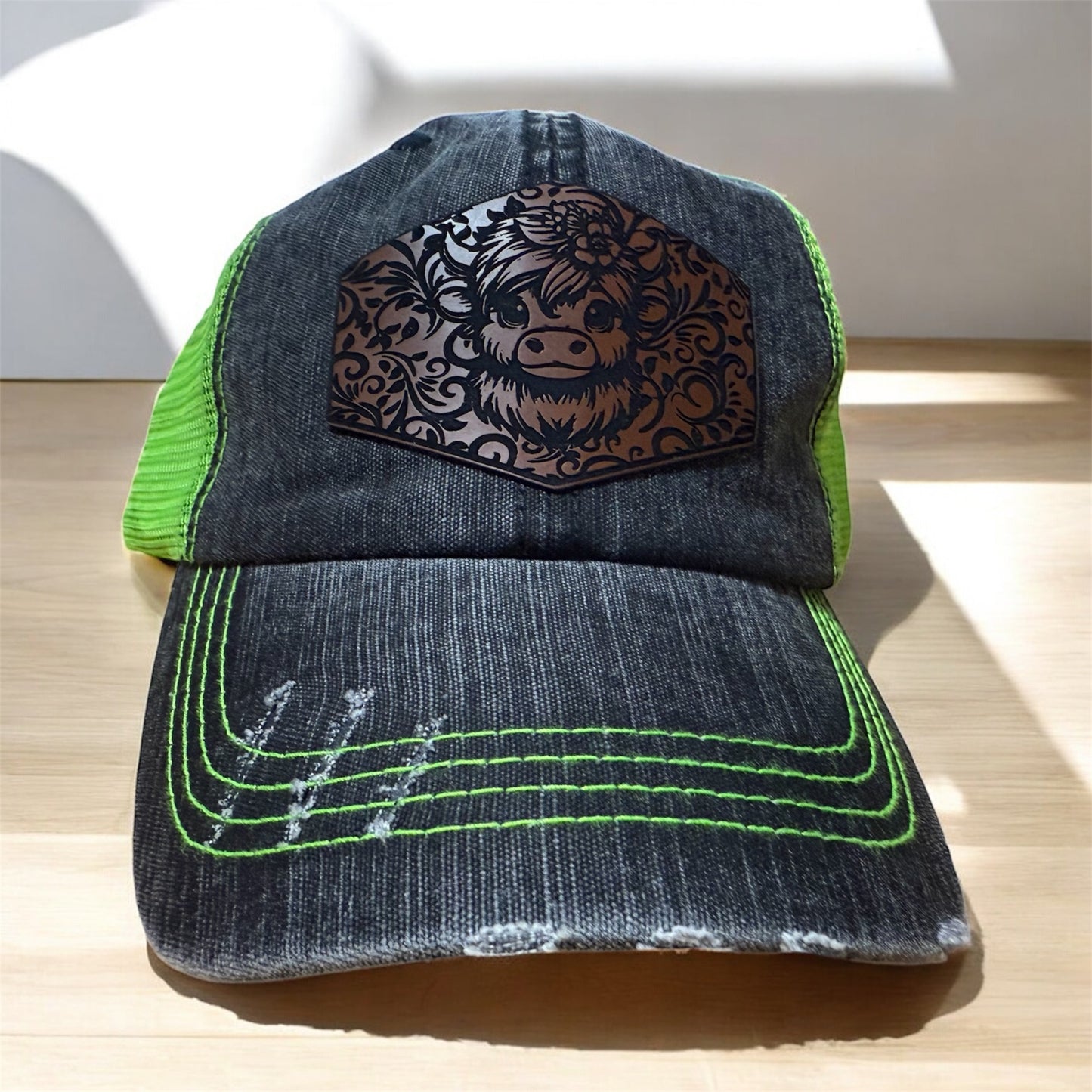 Adorable Cow Distressed Ponytail Hat